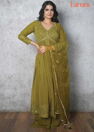 Mehendi Green Georgette Embroidered Alia cut Anarkali