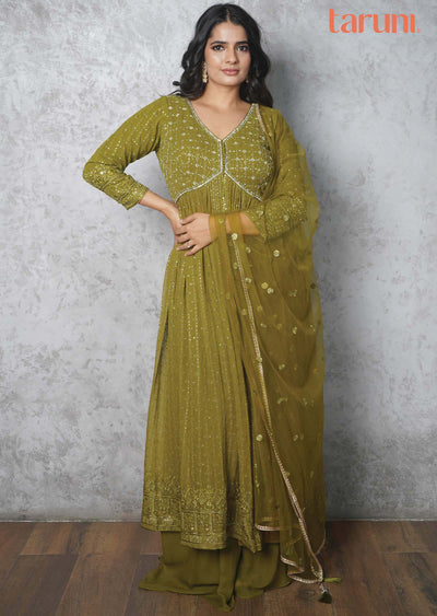 Green Georgette Alia cut Anarkali