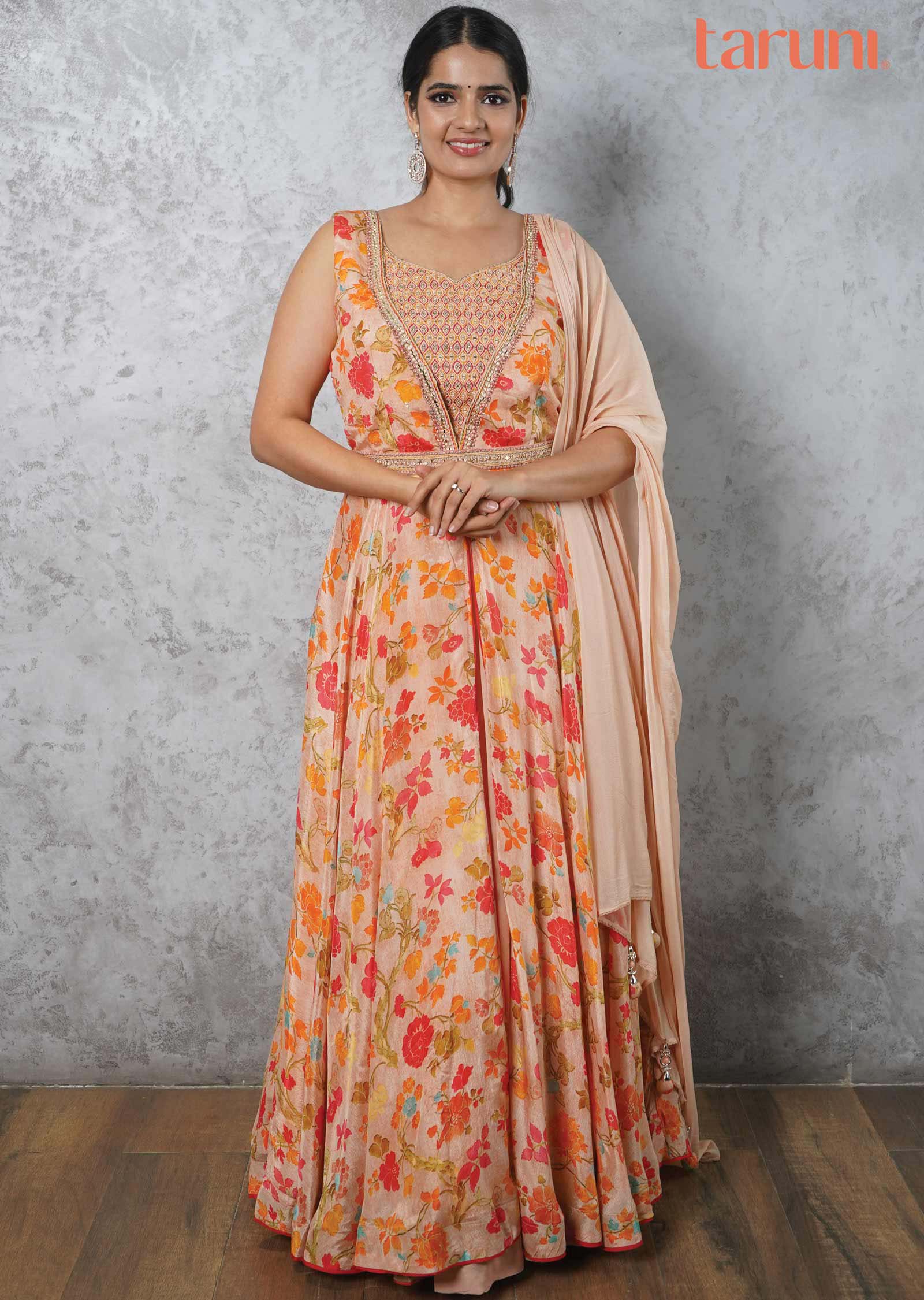 Light Orange Chinnon & Georgette Printed Anarkali