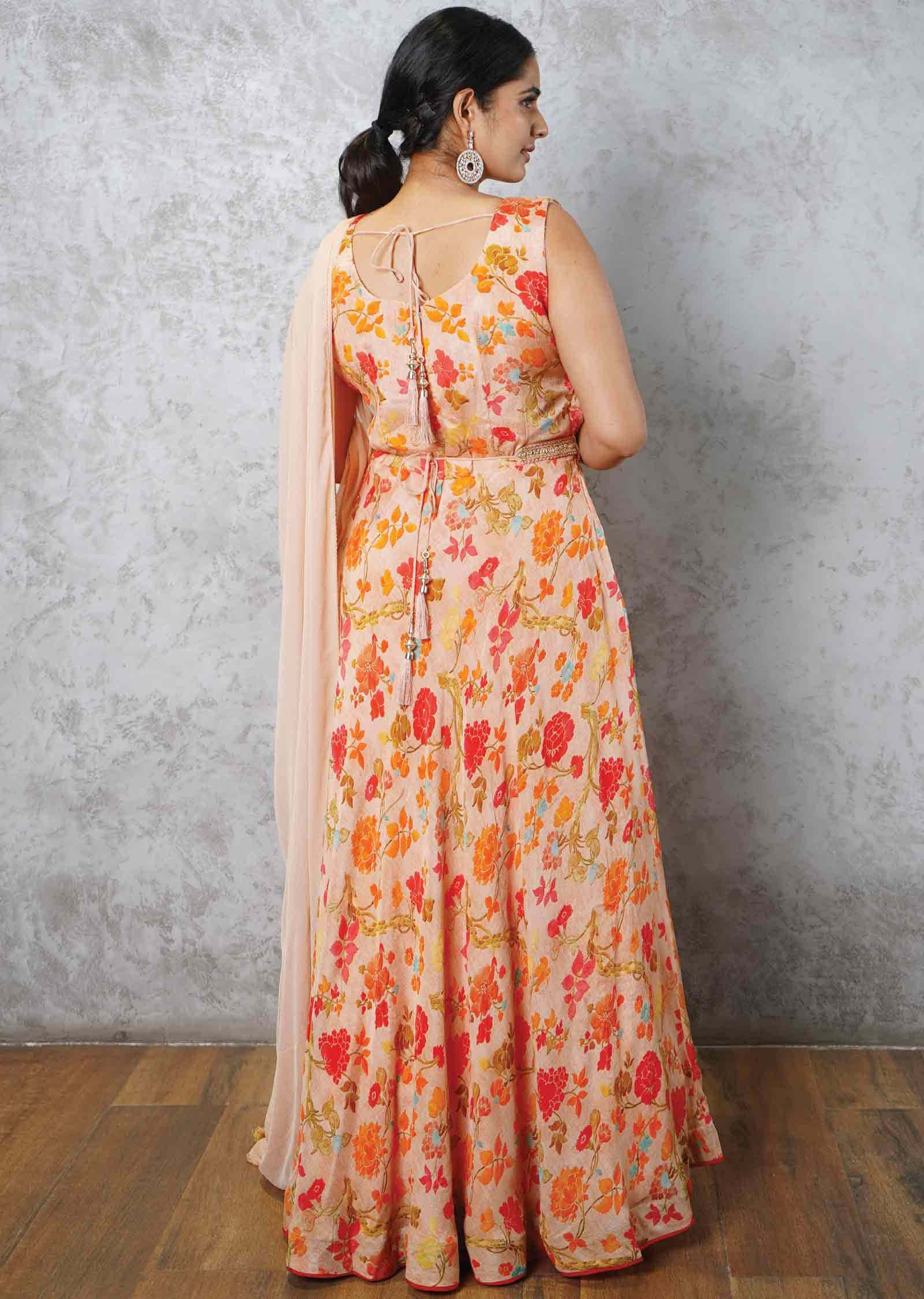 Light Orange Chinnon & Georgette Printed Anarkali