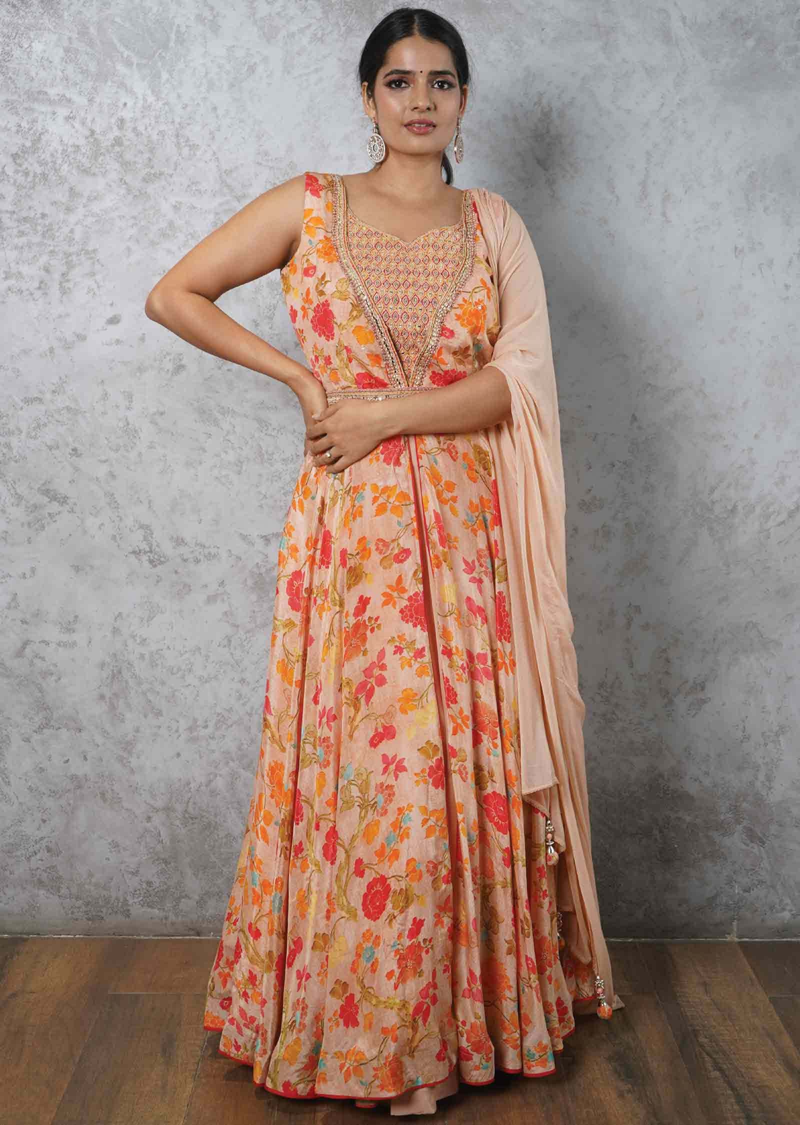 Light Orange Chinnon & Georgette Printed Anarkali