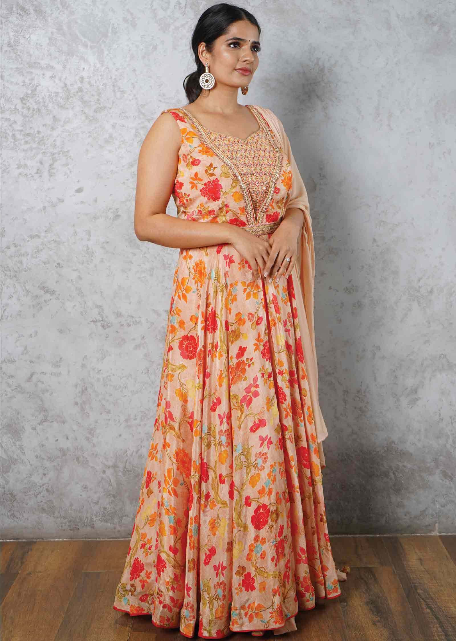 Light Orange Chinnon & Georgette Printed Anarkali