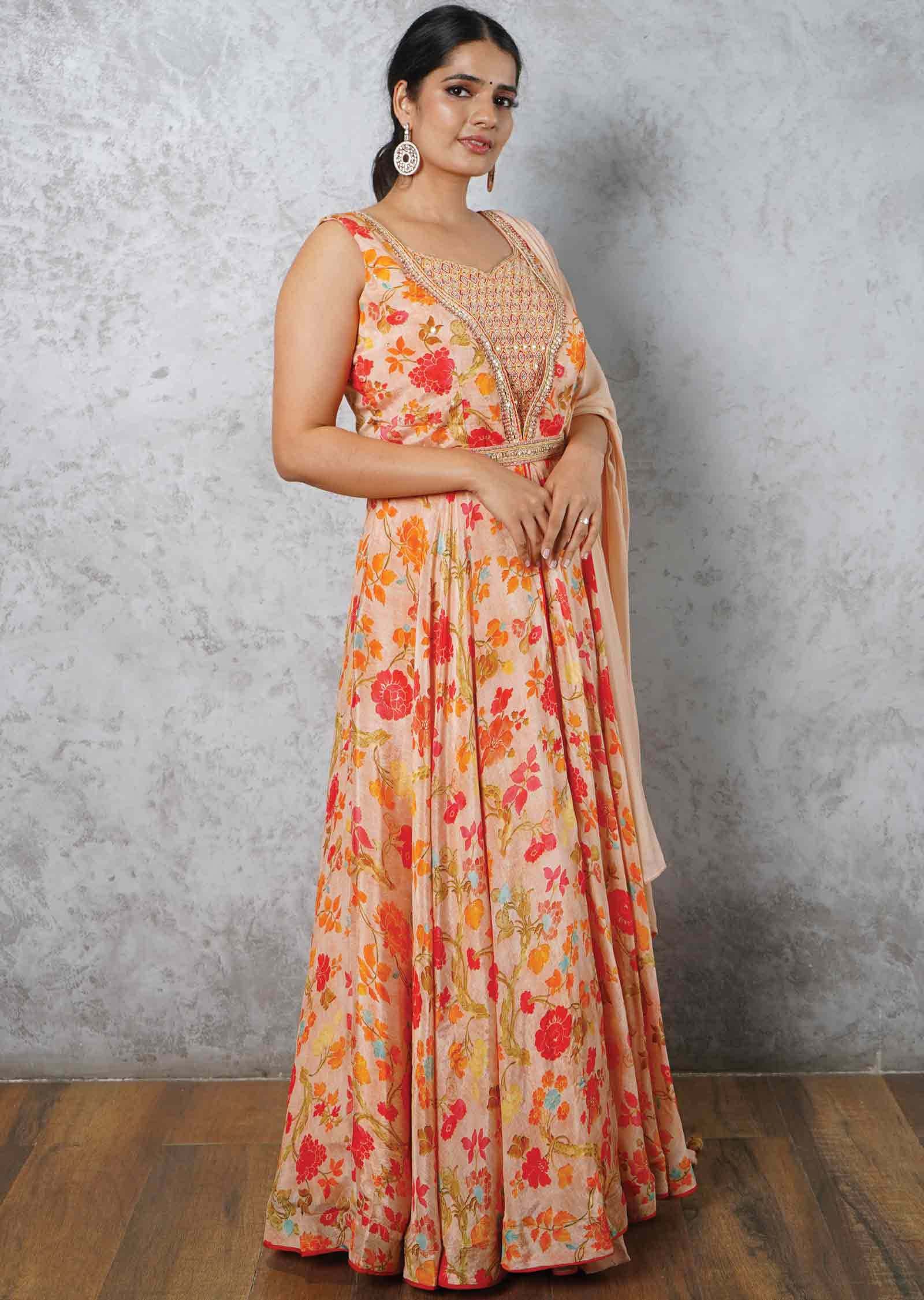 Light Orange Chinnon & Georgette Printed Anarkali