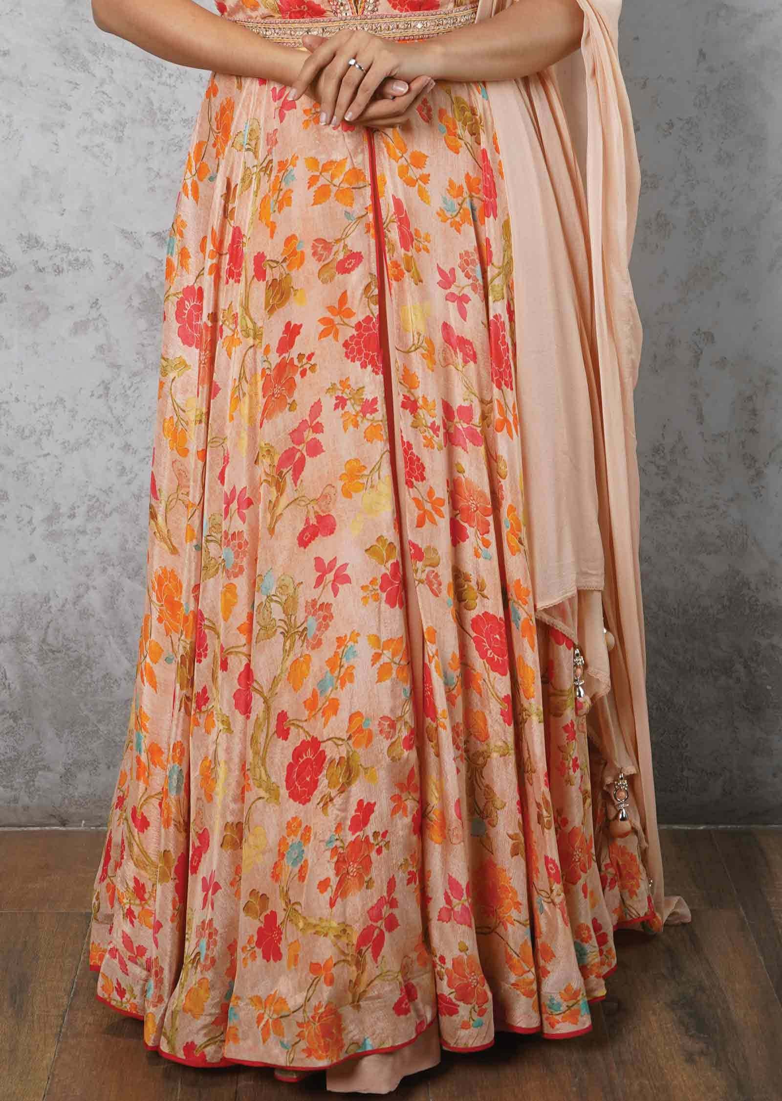 Light Orange Chinnon & Georgette Printed Anarkali