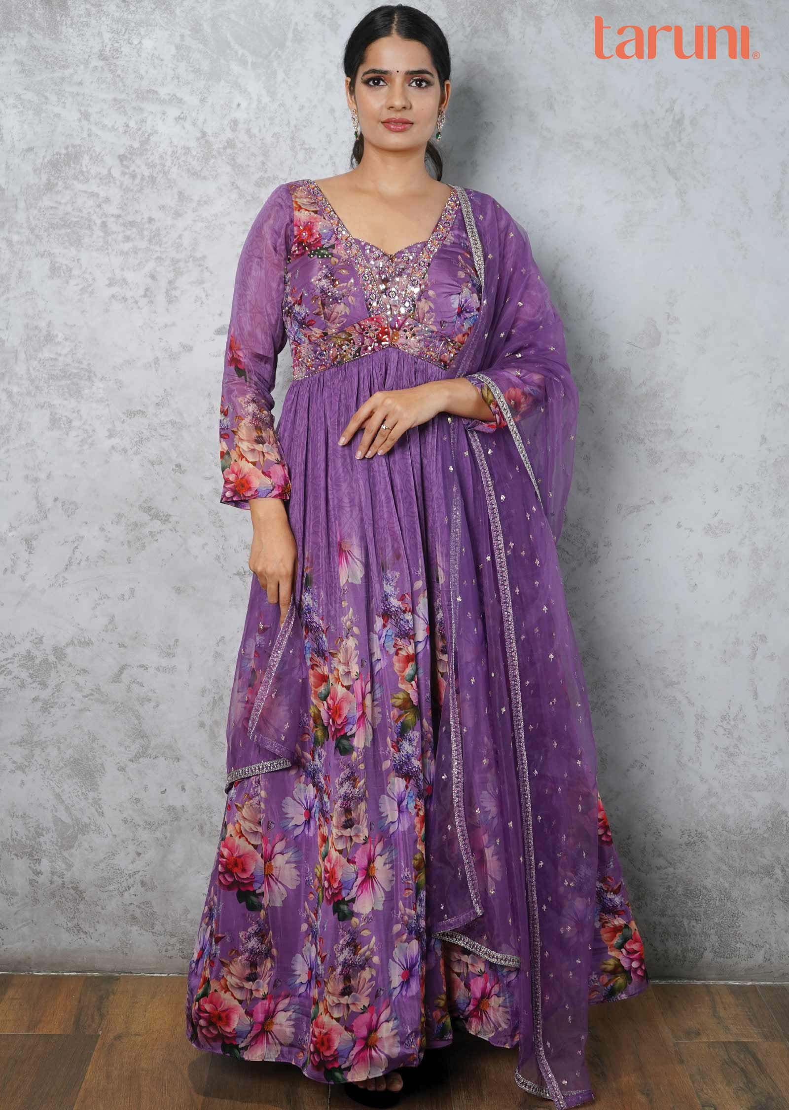 Purple Soft Organza Embroidered Alia cut Anarkali