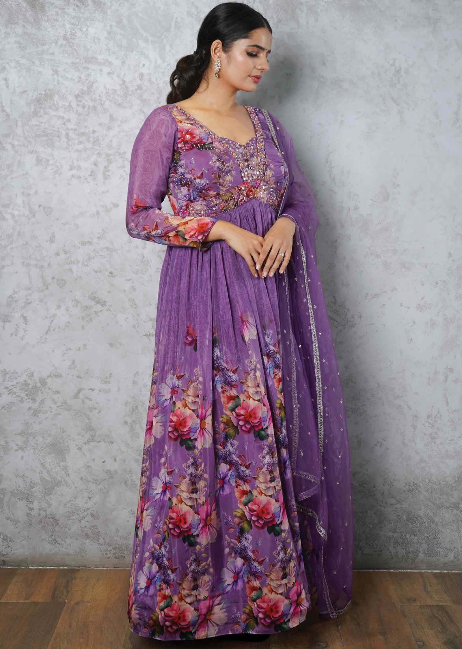 Purple Soft Organza Embroidered Alia cut Anarkali