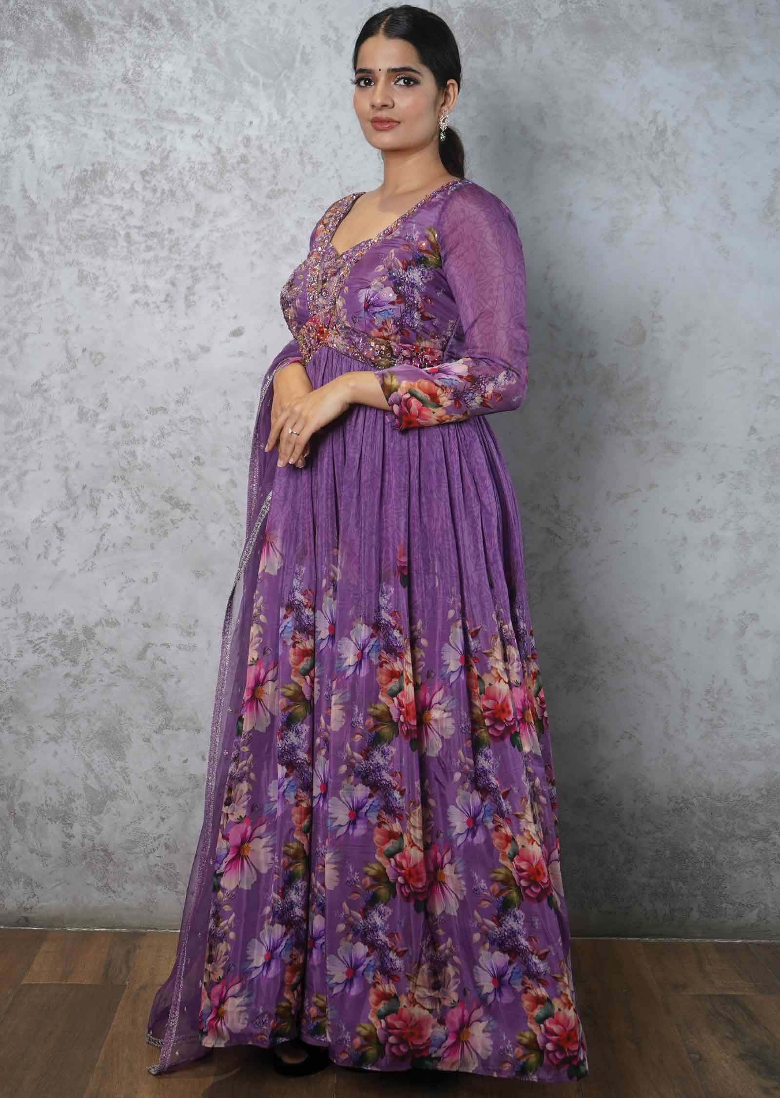 Purple Soft Organza Embroidered Alia cut Anarkali