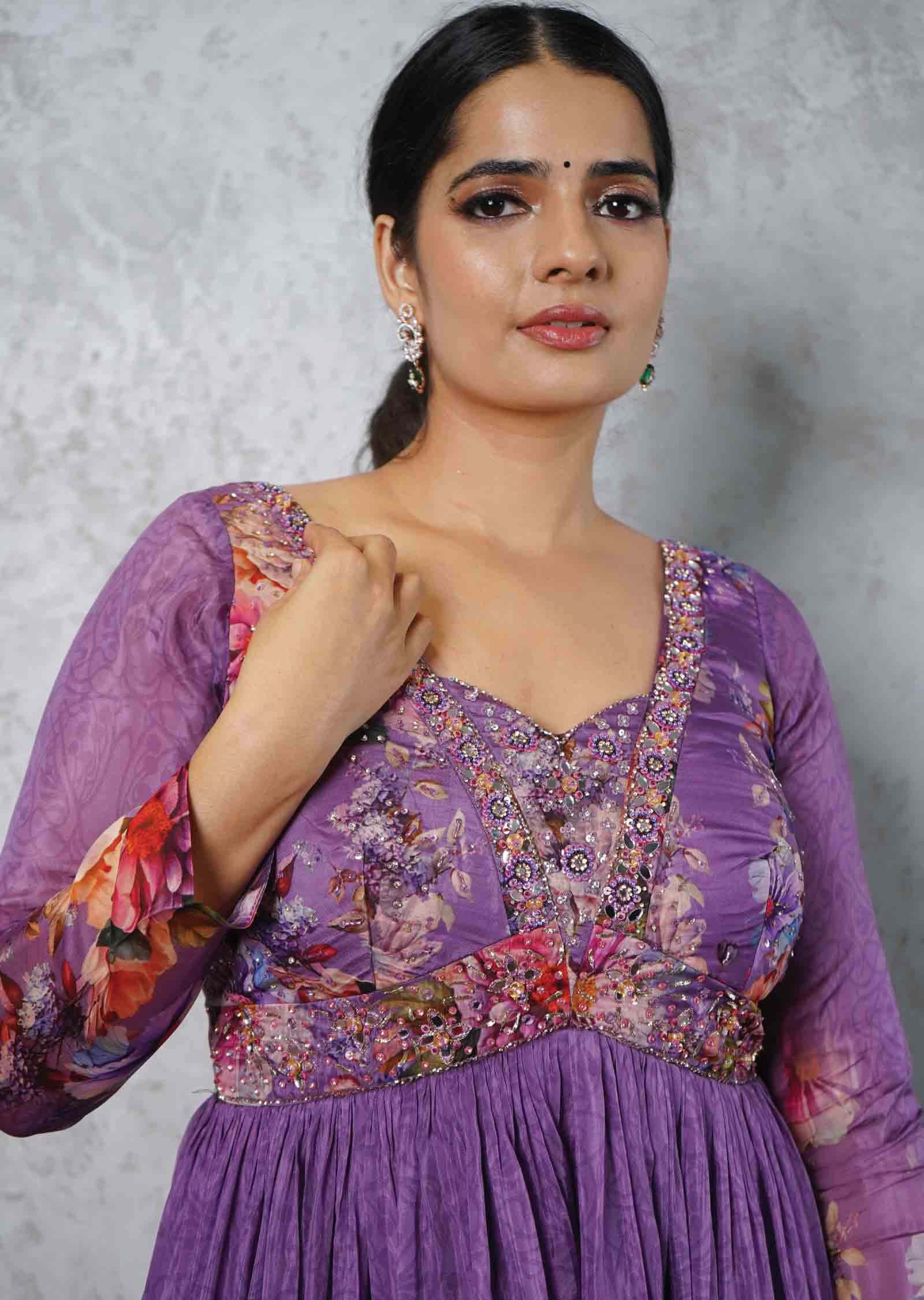 Purple Soft Organza Embroidered Alia cut Anarkali