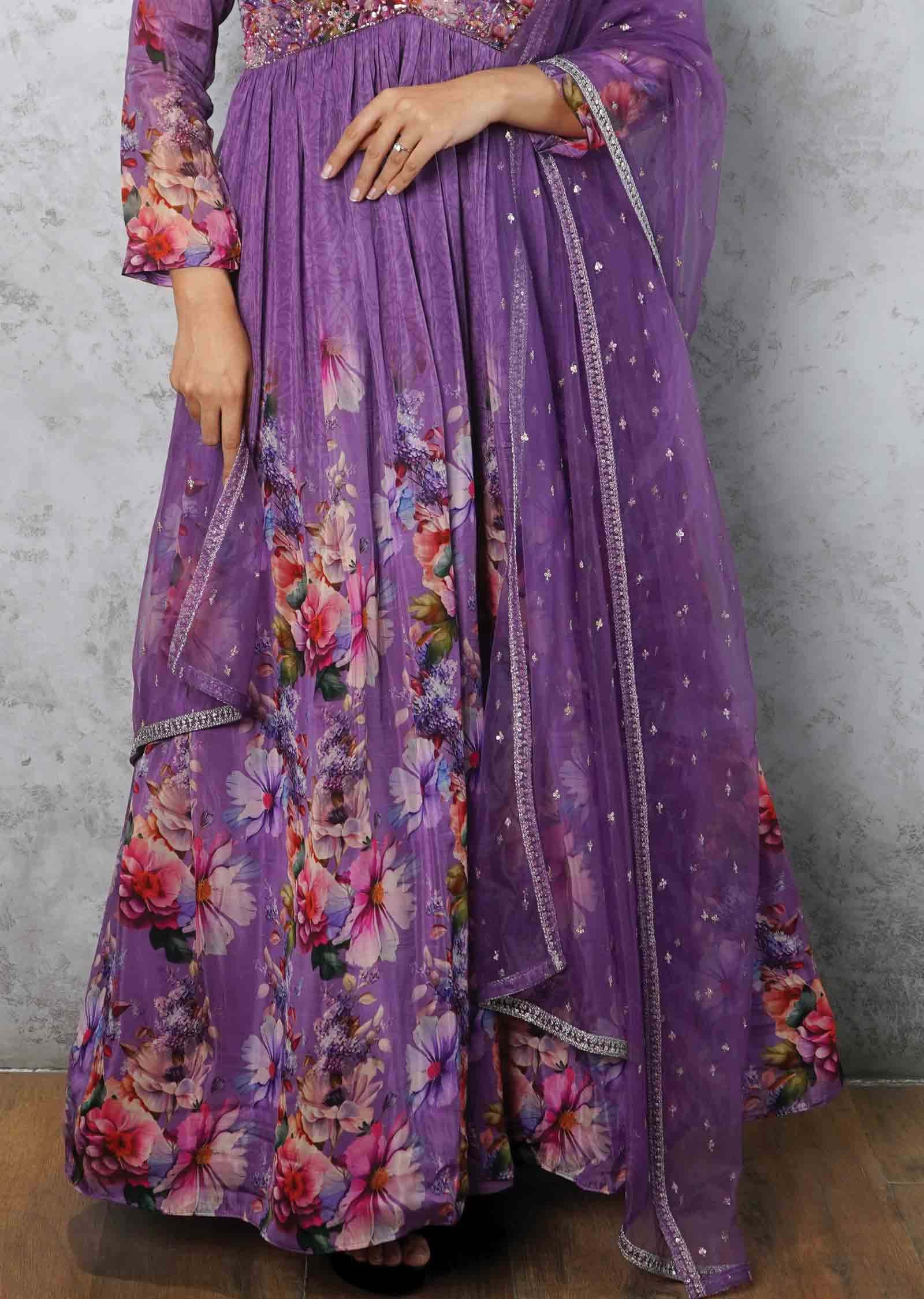 Purple Soft Organza Embroidered Alia cut Anarkali