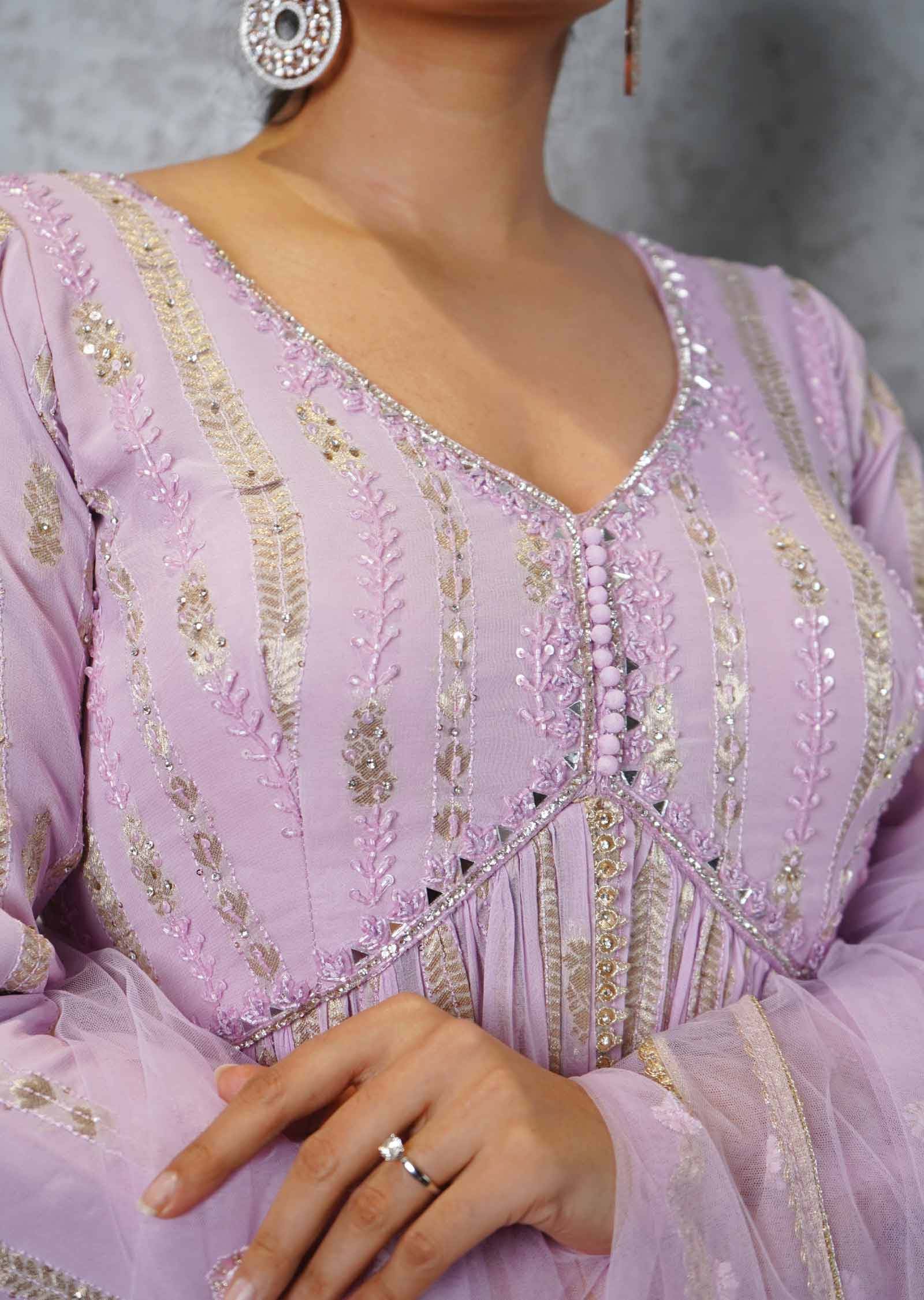 Lilac Banaras Georgette Embroidered Alia cut Anarkali
