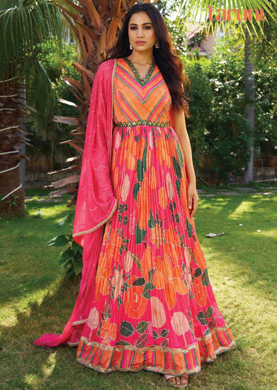 Multi Color Chinnon Embroidered Anarkali