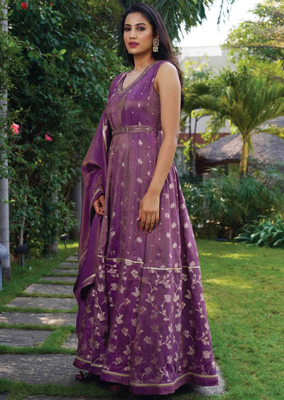 Purple Tissue Silk Embroidered Anarkali