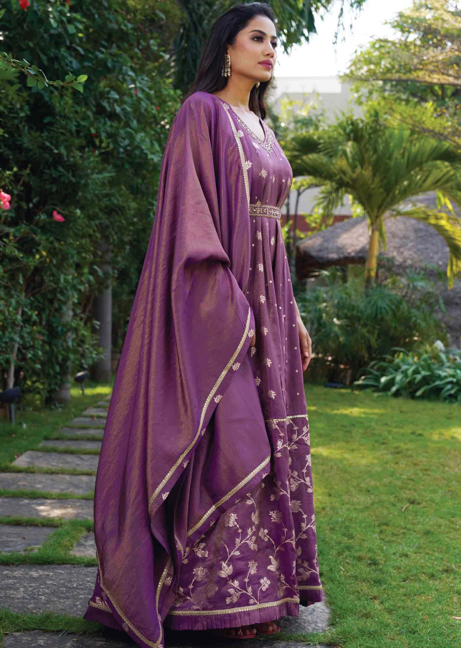 Purple Tissue Silk Embroidered Anarkali