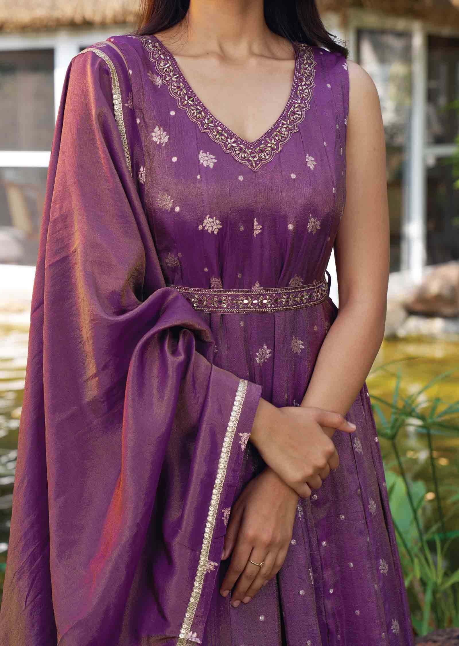 Purple Tissue Silk Embroidered Anarkali