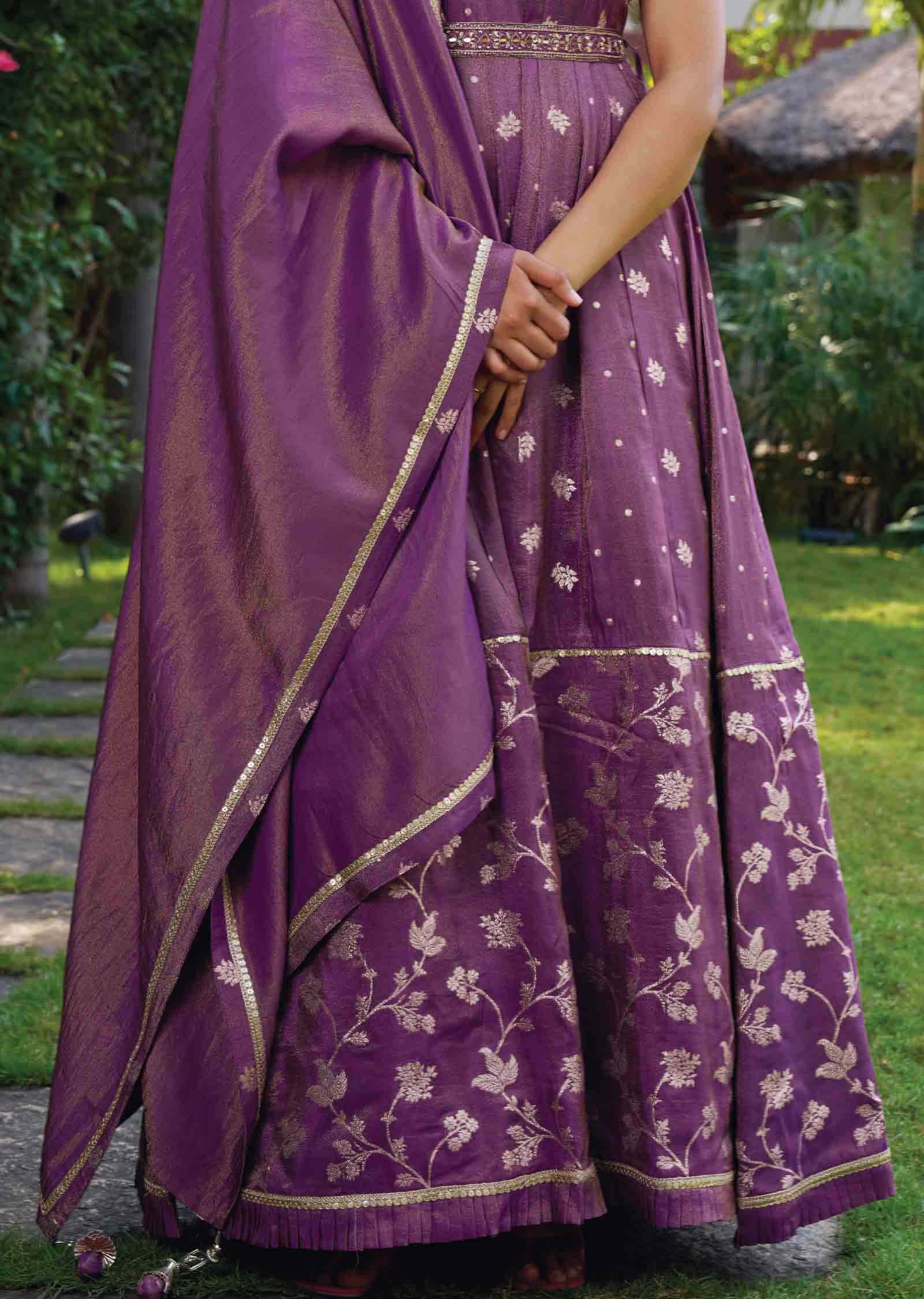 Purple Tissue Silk Embroidered Anarkali