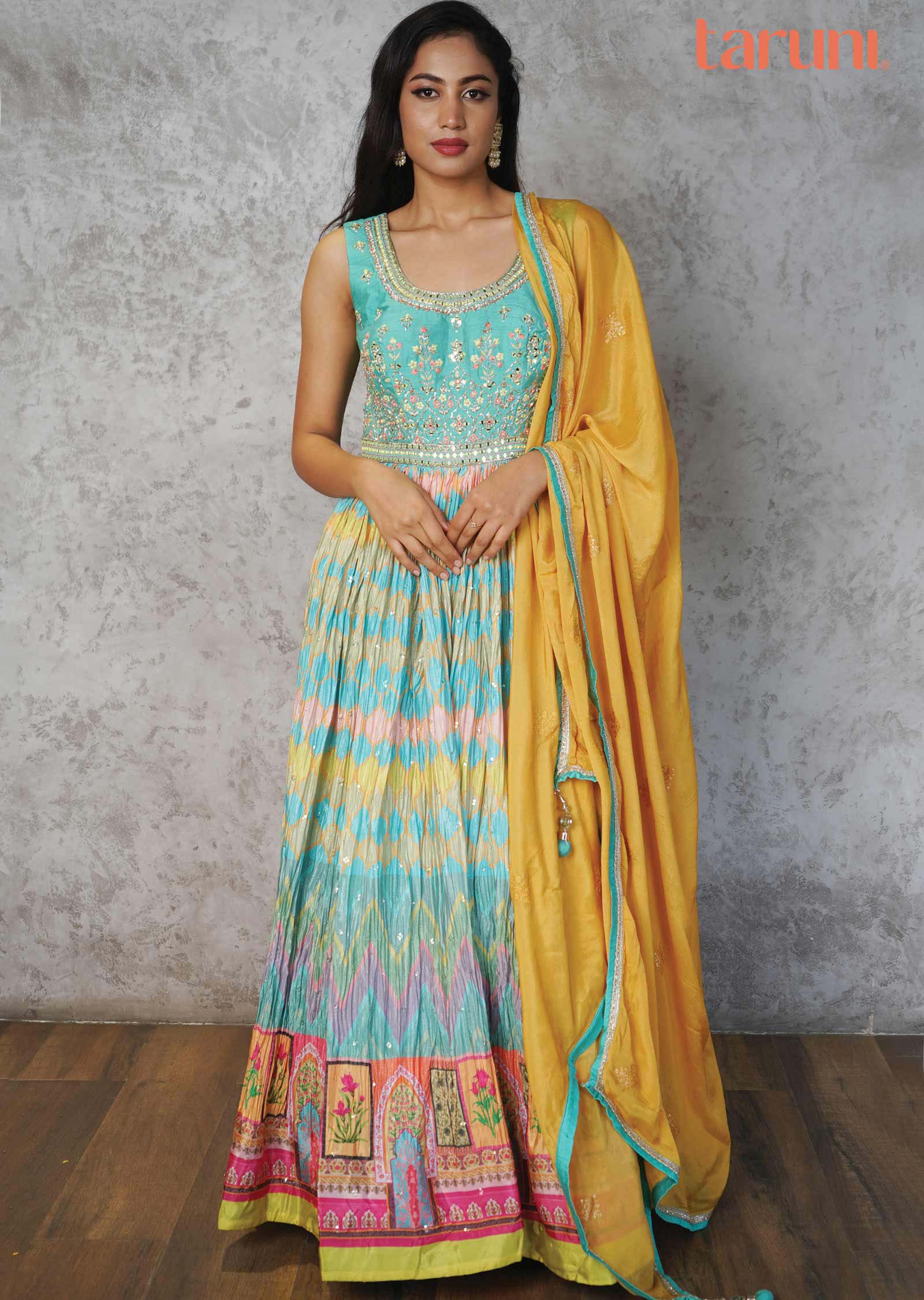 Dusty Green & Multi Silk & Chinnon Embroidered Anarkali