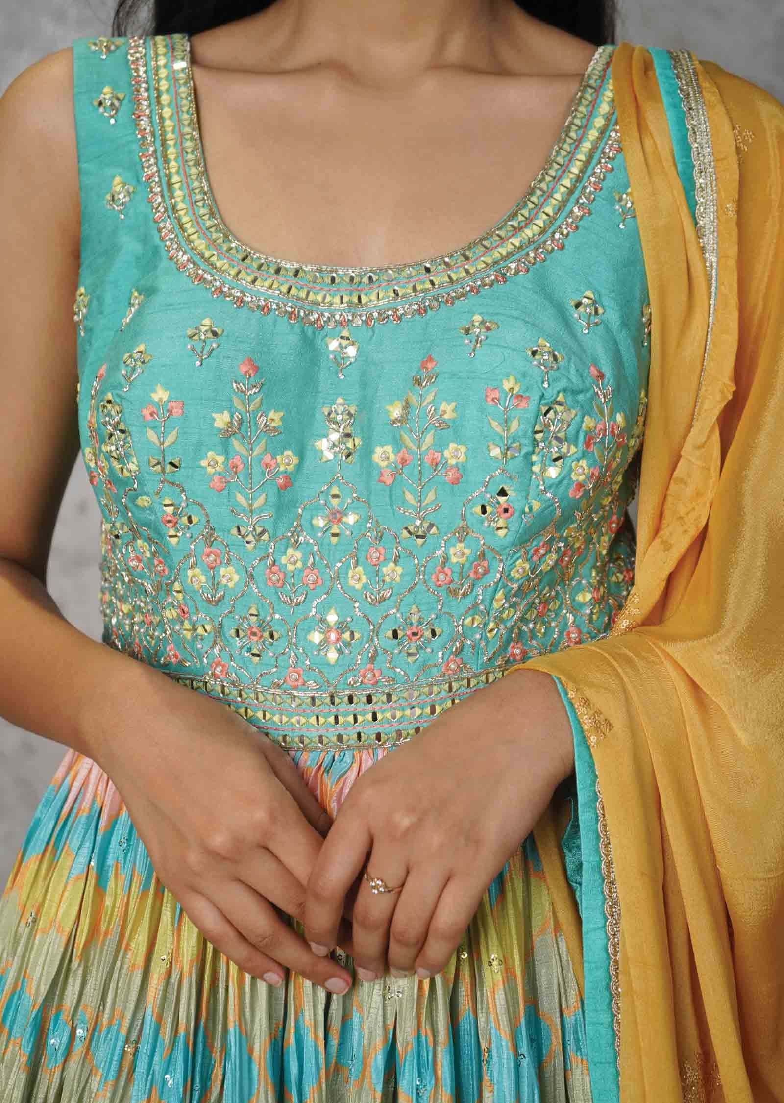 Dusty Green & Multi Silk & Chinnon Embroidered Anarkali