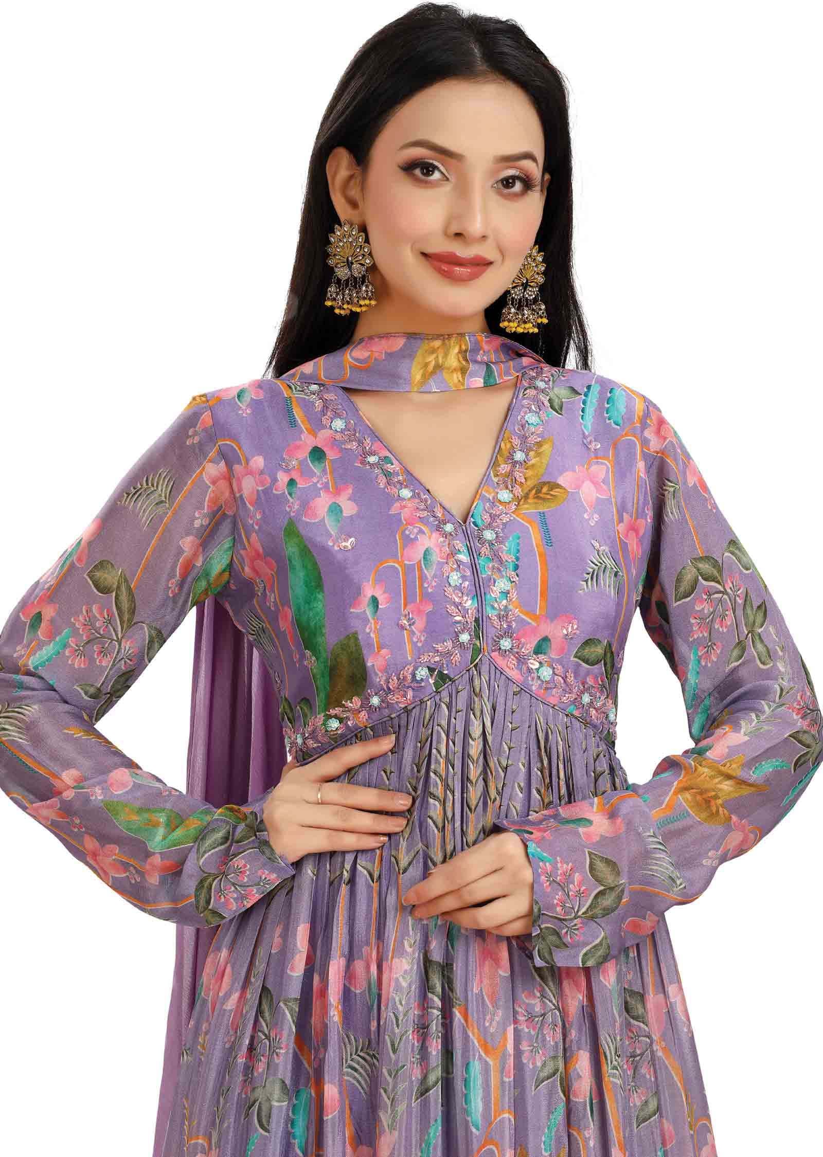 Lavender Chinnon Embroidered Alia cut Anarkali