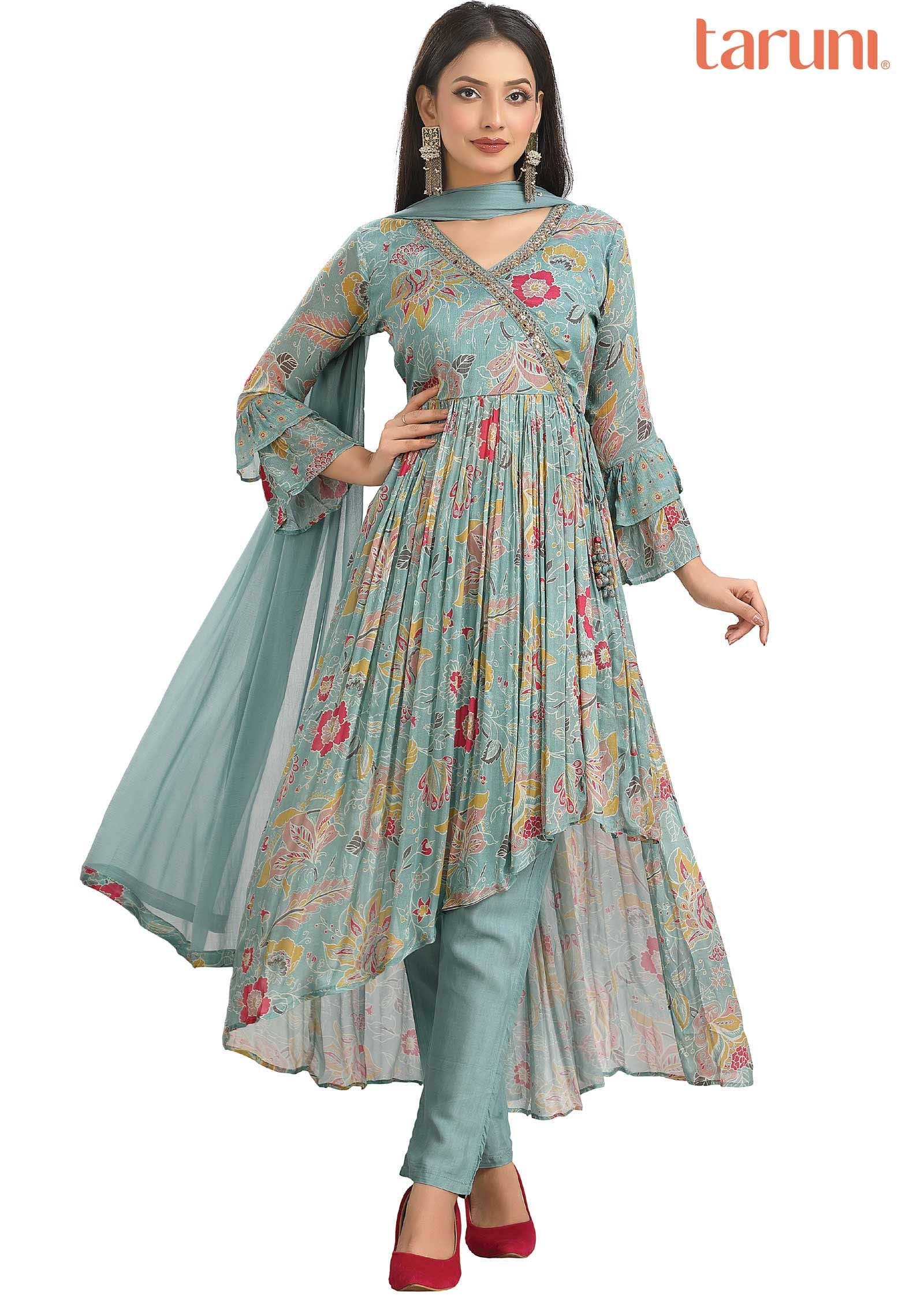 Dusty Blue Chinnon Embroidered Angrakha Anarkali