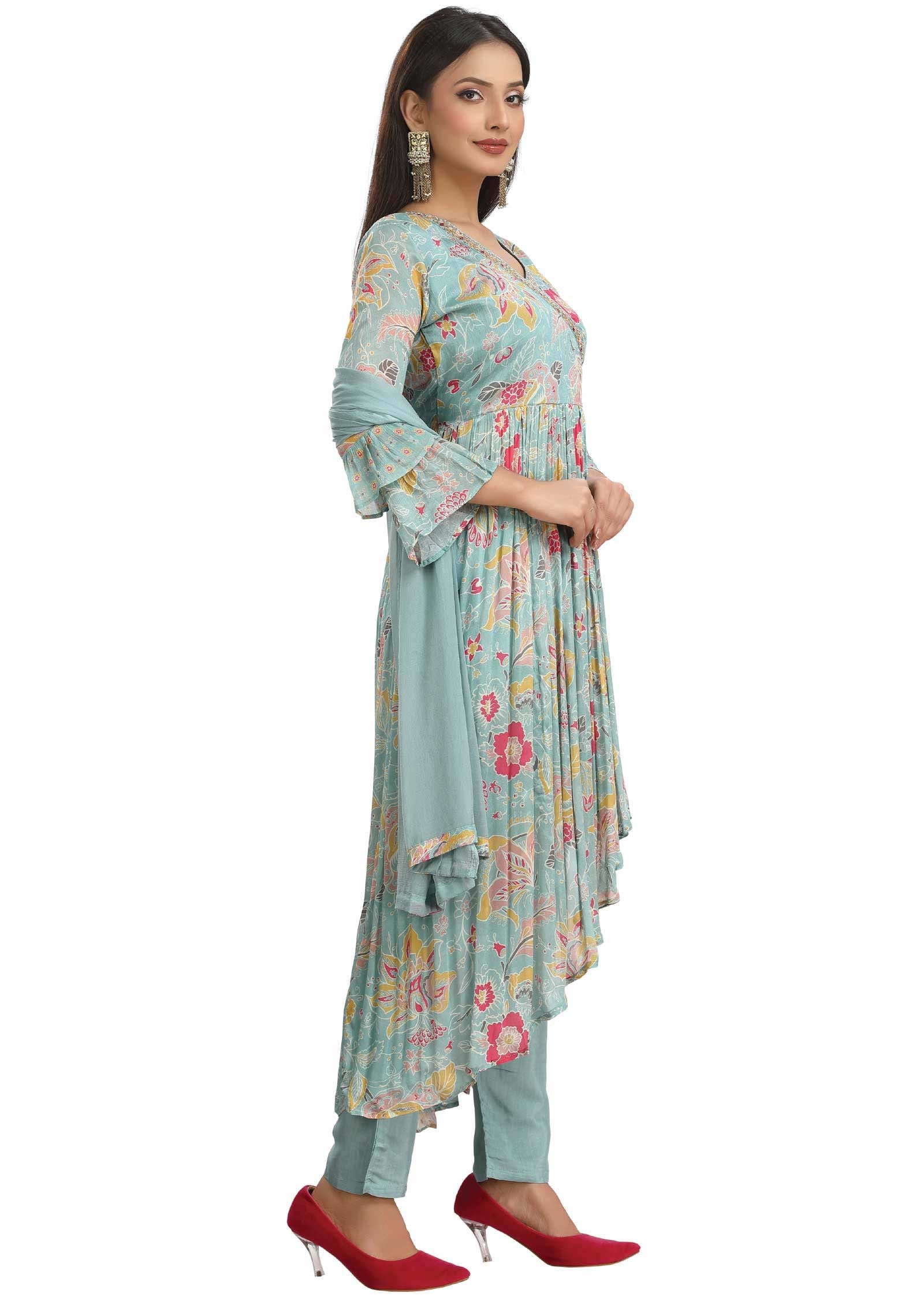 Dusty Blue Chinnon Embroidered Angrakha Anarkali