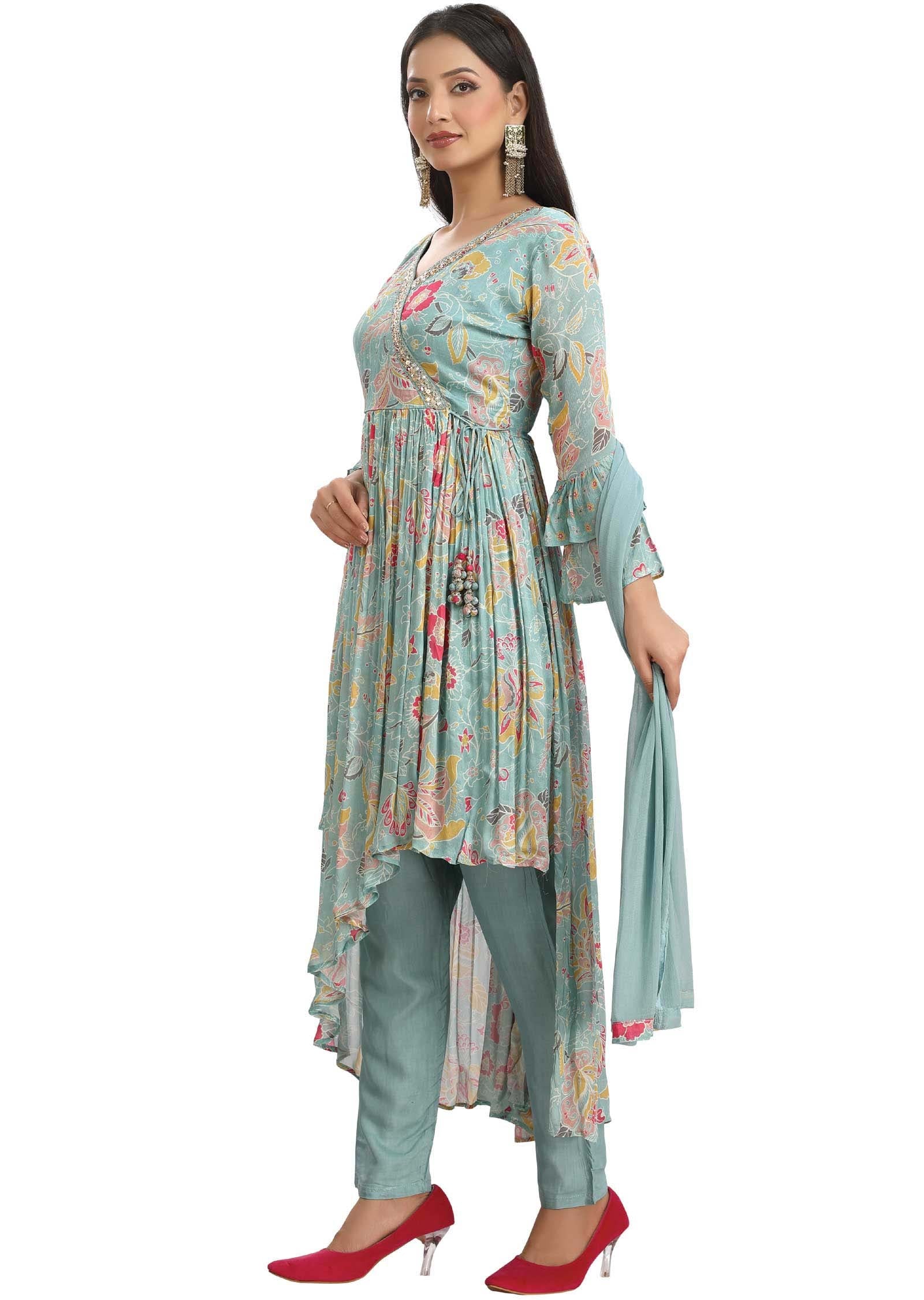 Dusty Blue Chinnon Embroidered Angrakha Anarkali