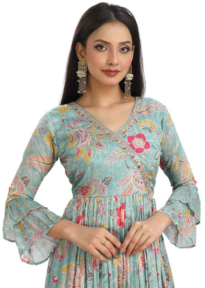 Dusty Blue Chinnon Embroidered Angrakha Anarkali