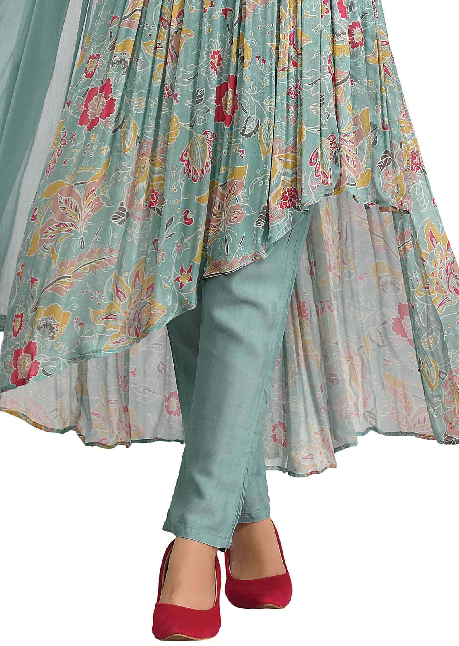 Dusty Blue Chinnon Embroidered Angrakha Anarkali