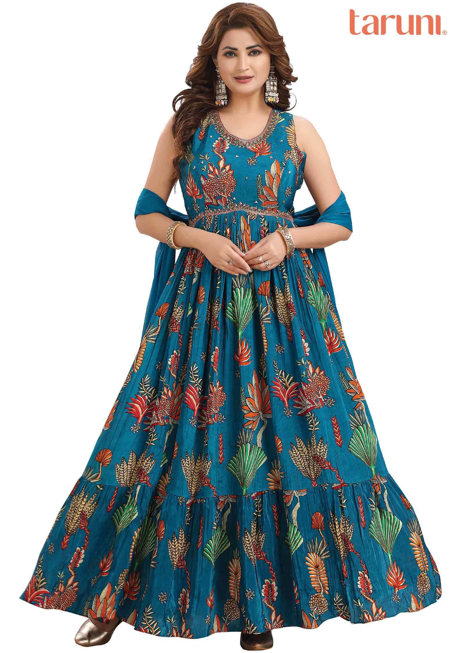 Feroza Blue Crepe Embroidered Anarkali