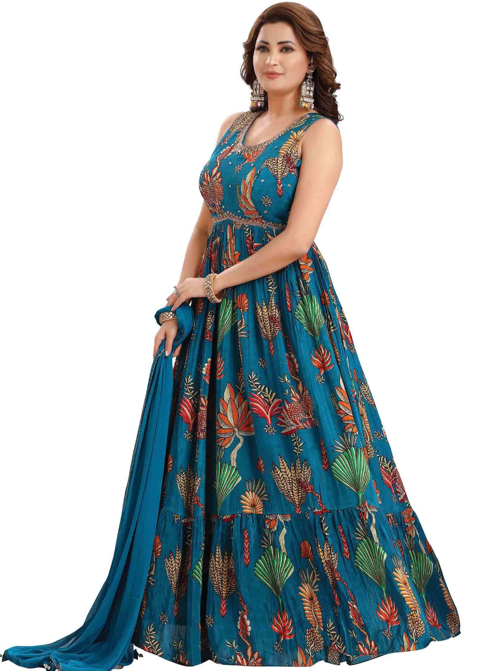 Feroza Blue Crepe Embroidered Anarkali