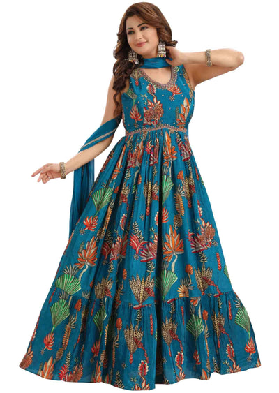 Feroza Blue Crepe Embroidered Anarkali