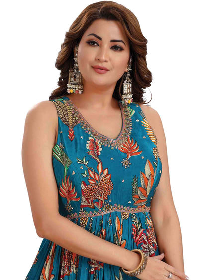 Feroza Blue Crepe Embroidered Anarkali