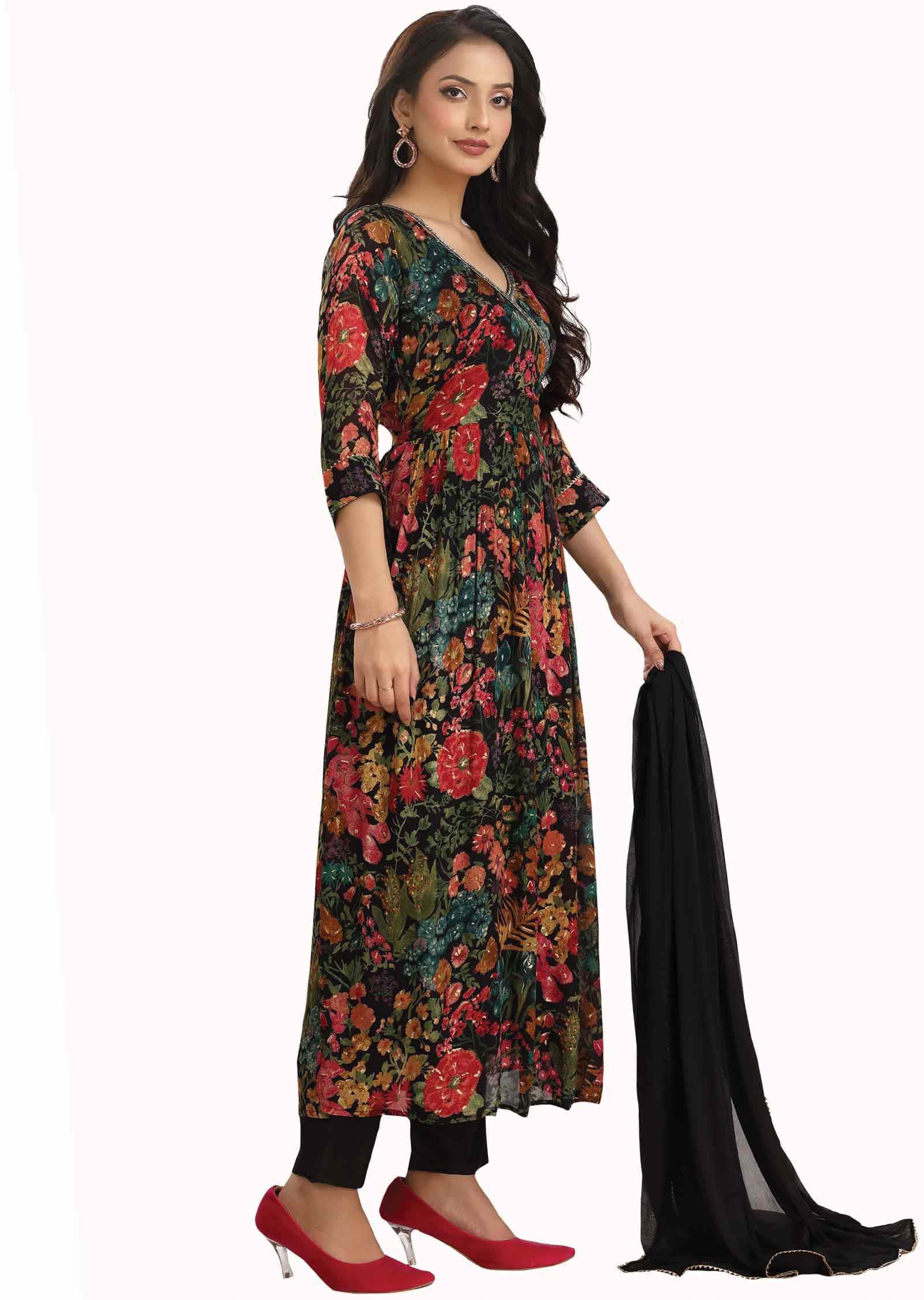 Black & Multi Color Chinnon Embroidered Nayara Cut