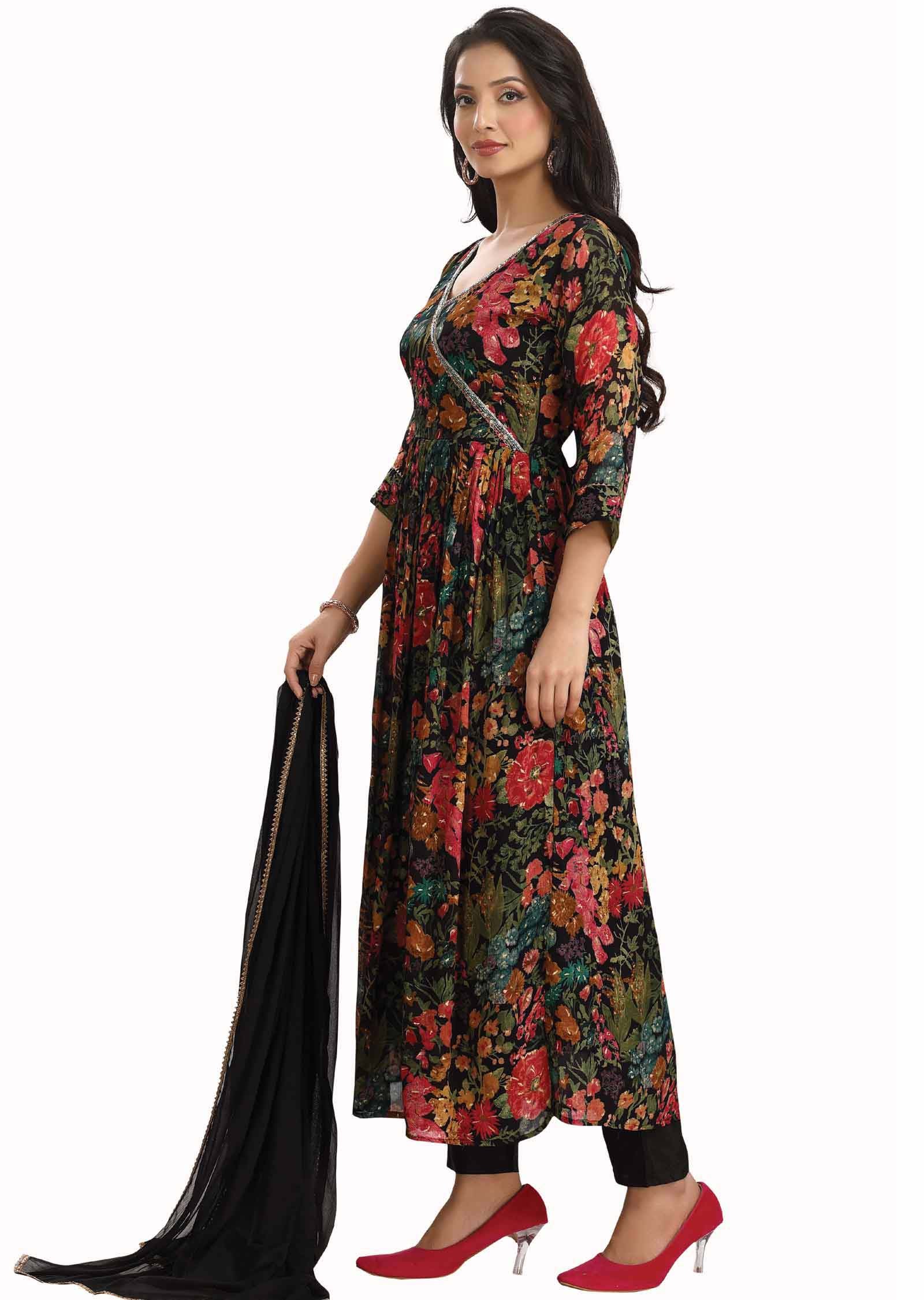 Black & Multi Color Chinnon Embroidered Nayara Cut