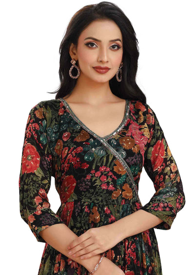 Black & Multi Color Chinnon Embroidered Nayara Cut