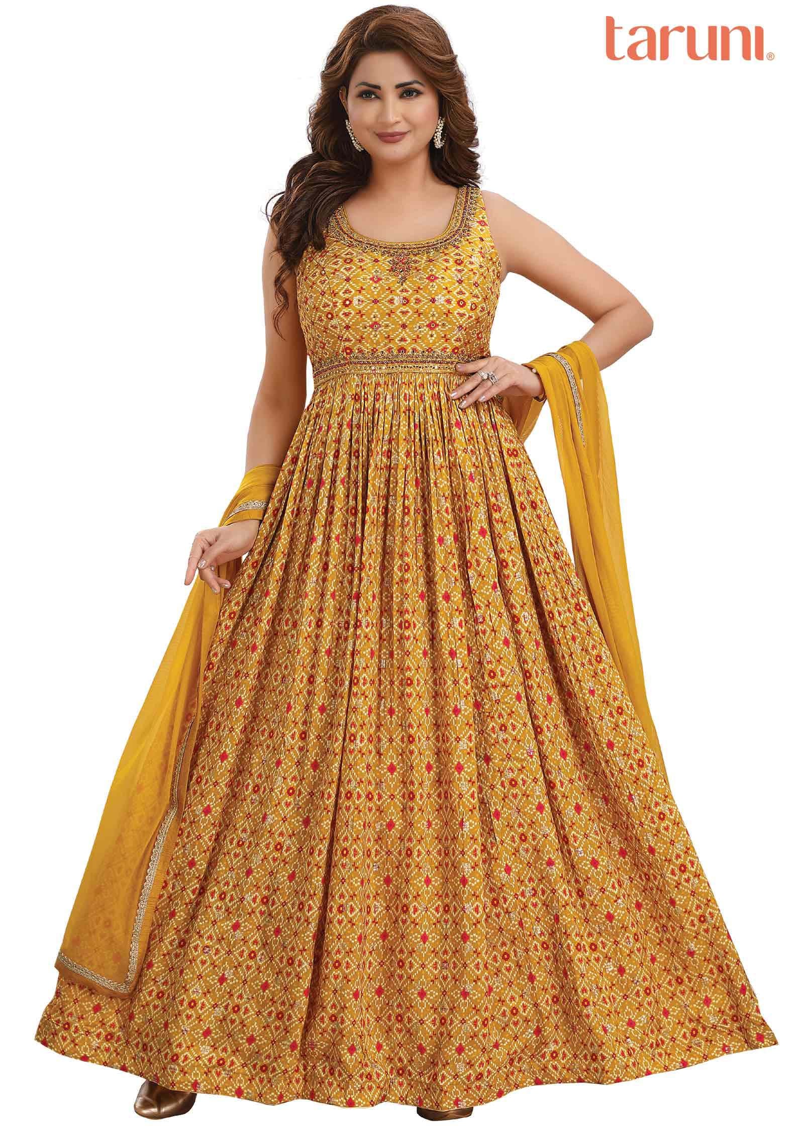 Mustard Banaras Muslin Embroidered Anarkali