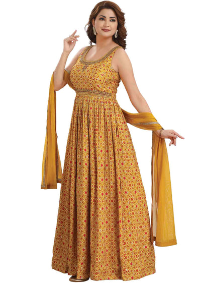 Mustard Banaras Muslin Embroidered Anarkali