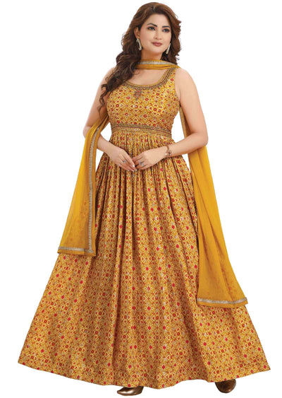 Mustard Banaras Muslin Embroidered Anarkali