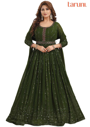 Mehendi Green Georgette Embroidered Anarkali