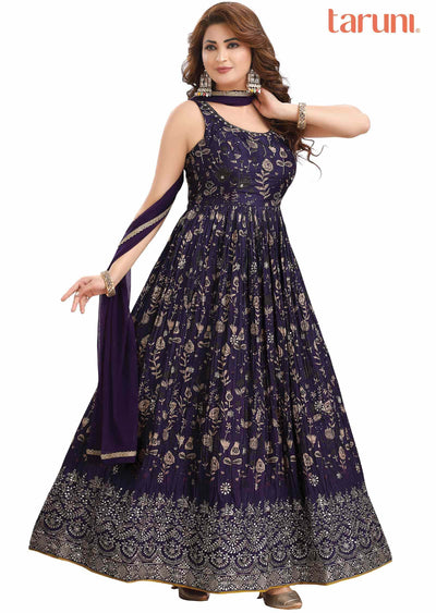 Purple Muslin Embroidered Anarkali