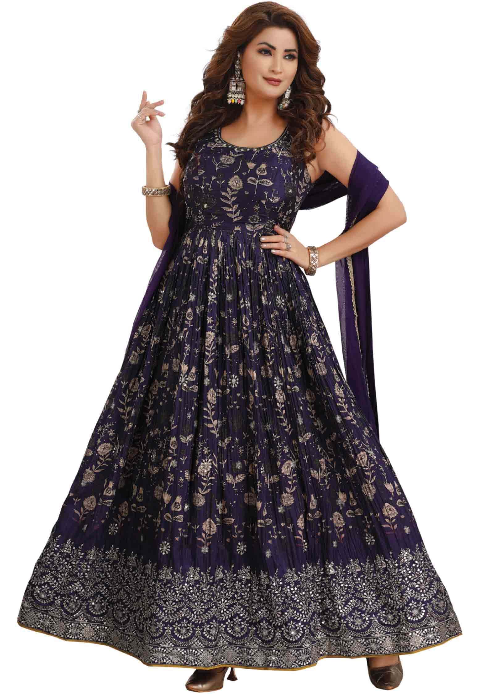 Purple Muslin Embroidered Anarkali