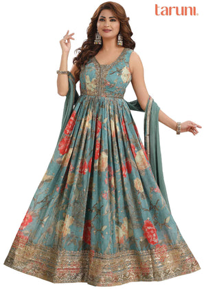 Dusty Green Georgette Embroidered Anarkali