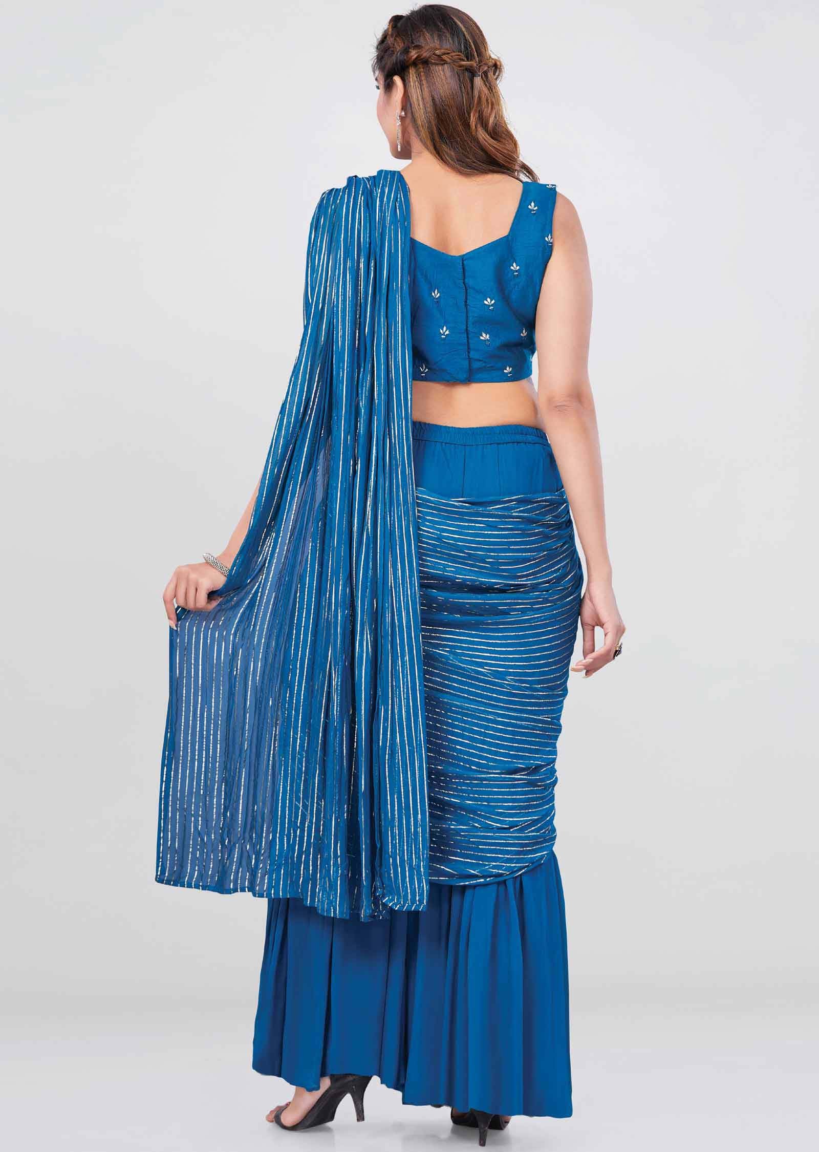 Blue Georgette Drape Sharara Saree