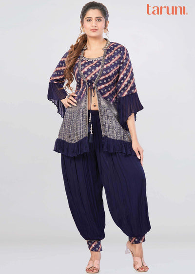 Navy Blue Banaras Georgette Fusion Indo-Western Outfit