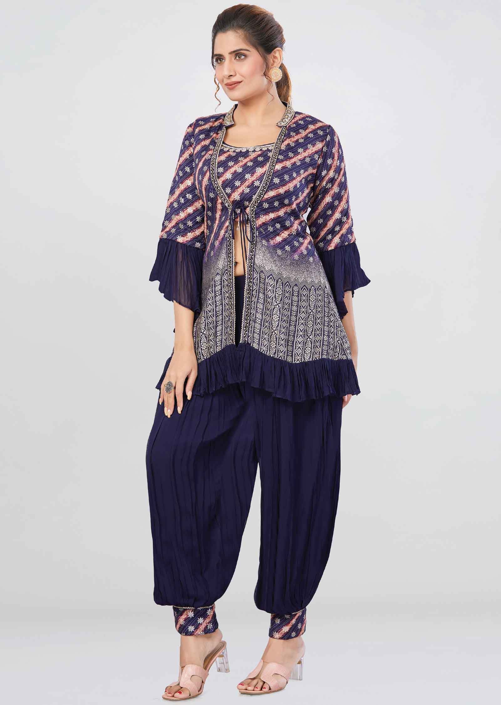 Navy Blue Banaras Georgette Fusion Indo-Western Outfit