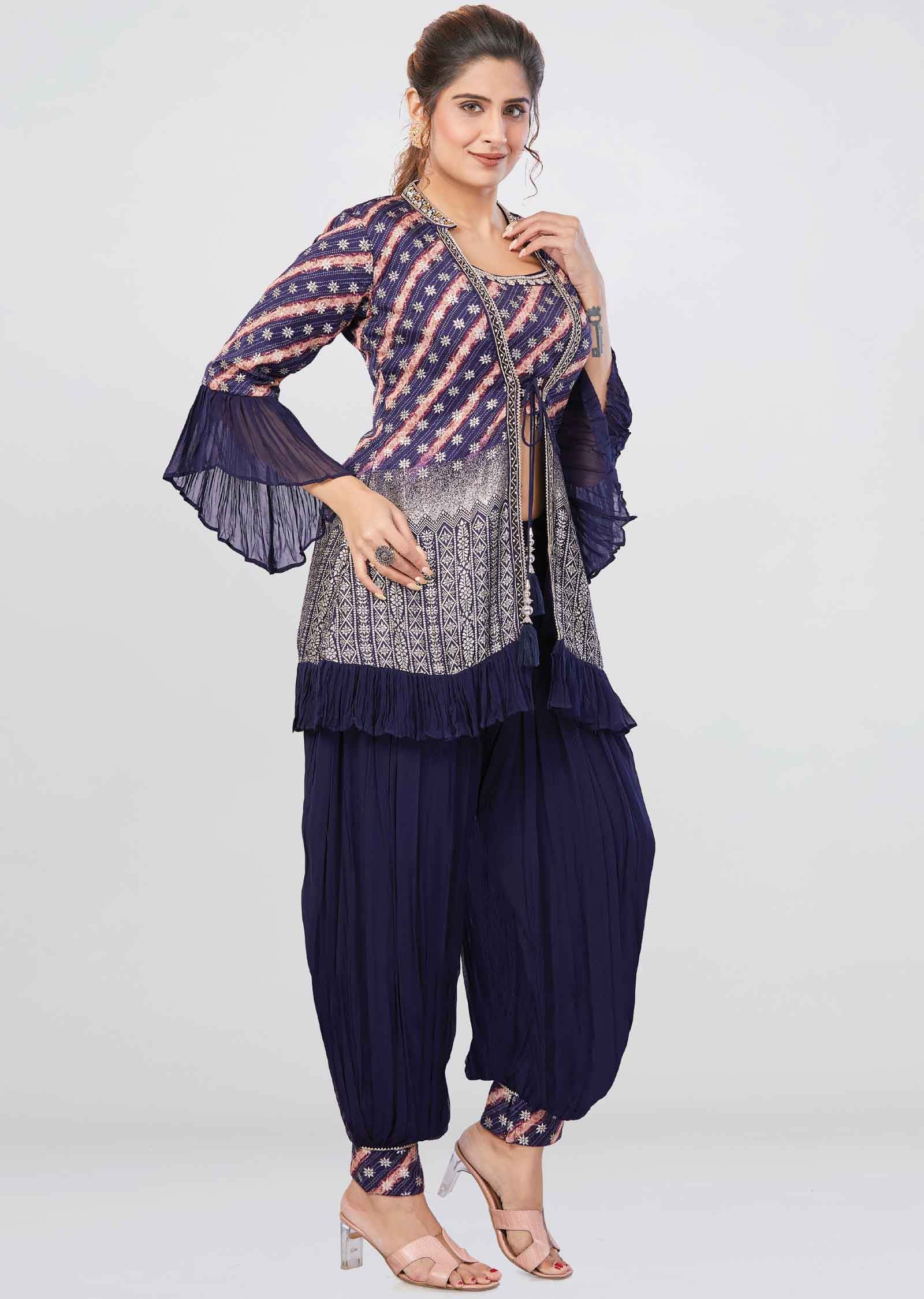 Navy Blue Banaras Georgette Fusion Indo-Western Outfit