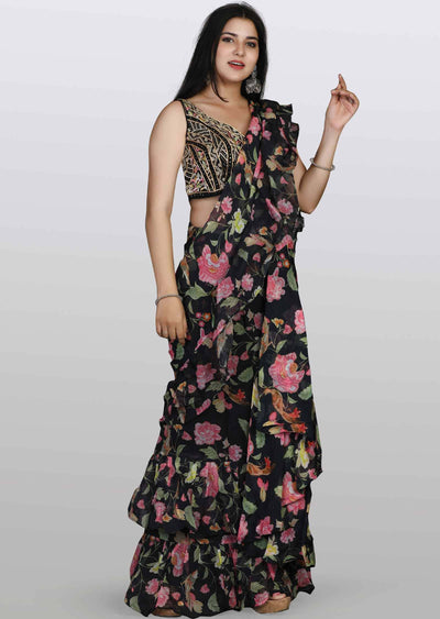 Black Chinnon Embroidered Drape Sharara Saree