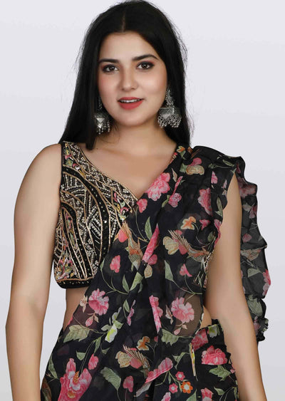 Black Chinnon Embroidered Drape Sharara Saree