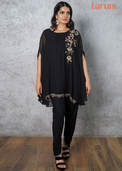 Black Georgette Embroidered Fusion/Indo-Western Set