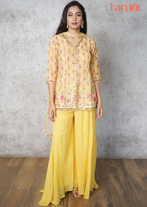 Yellow Georgette Embroidered Fusion/Indo-Western Set