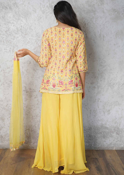 Yellow Georgette Embroidered Fusion/Indo-Western Set